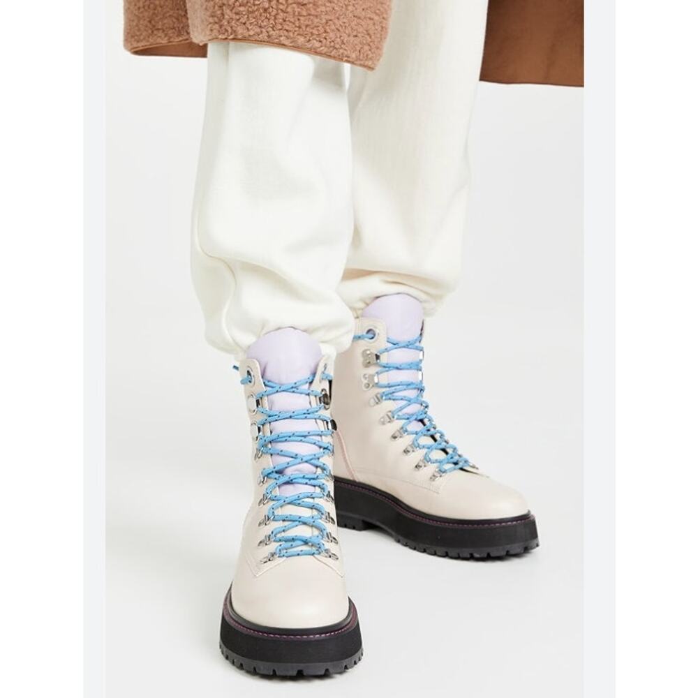 Larroude Jordan Low Combat Boots Kidskin Leather Ivory Violet Size 5.5 or 6 NIB